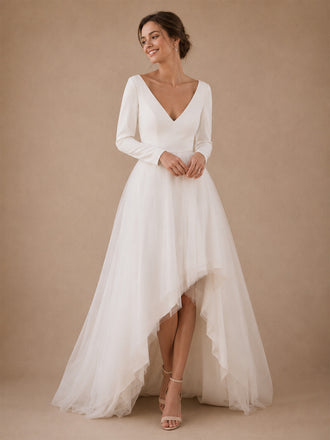 ChicSew Elegant V-Neck Long Sleeves Crepe Tulle A-Line High-Low Wedding Dresses