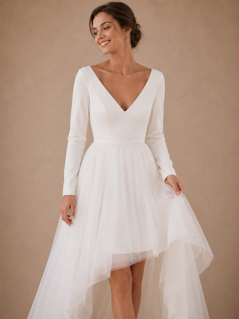 ChicSew Elegant V-Neck Long Sleeves Crepe Tulle A-Line High-Low Wedding Dresses