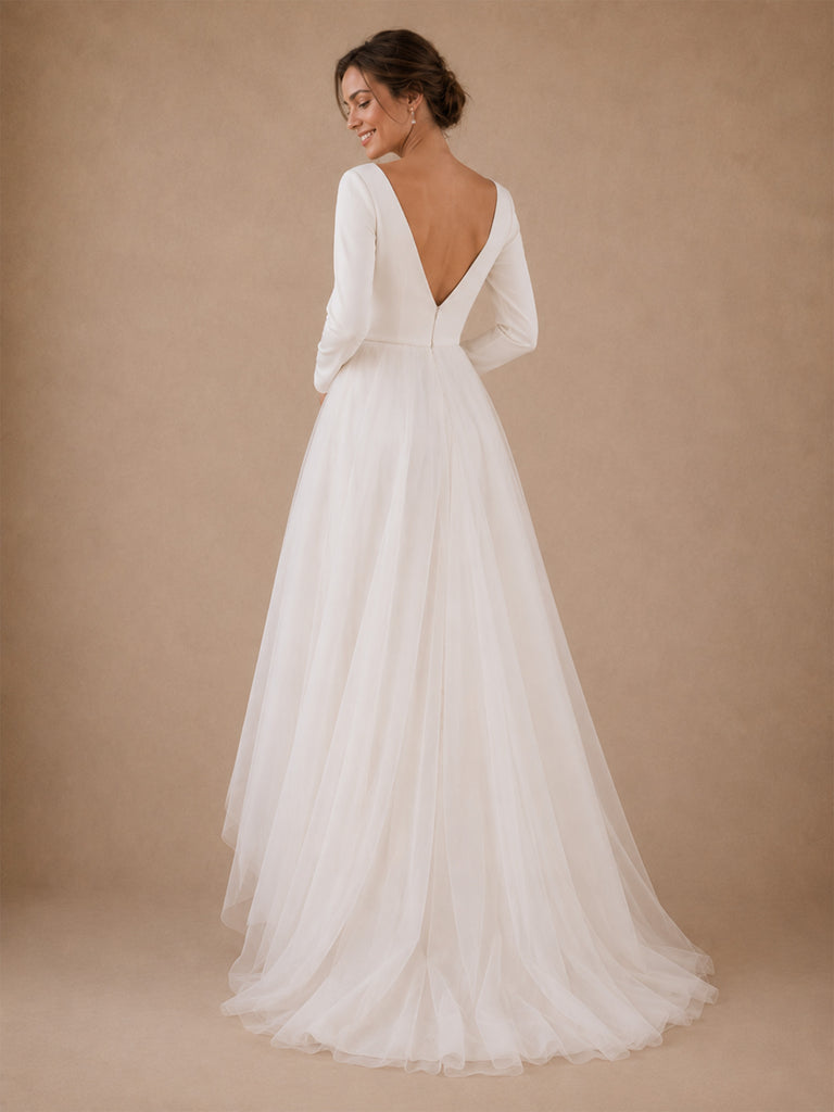 ChicSew Elegant V-Neck Long Sleeves Crepe Tulle A-Line High-Low Wedding Dresses