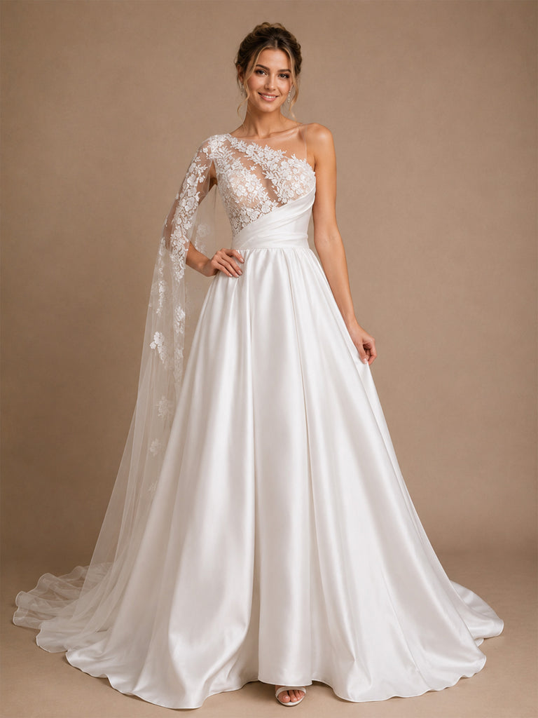 ChicSew Elegant Illusion Ruching Satin A-Line Long Wedding Dresses With Lace Appliques