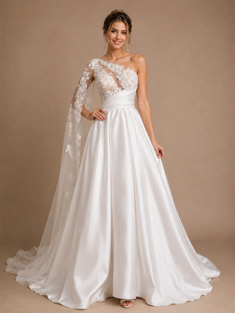 ChicSew Elegant Illusion Ruching Satin A-Line Long Wedding Dresses With Lace Appliques