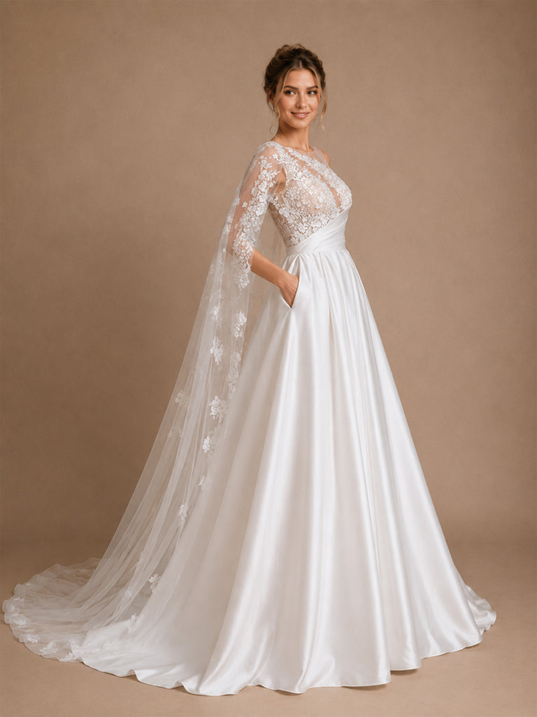 ChicSew Elegant Illusion Ruching Satin A-Line Long Wedding Dresses With Lace Appliques