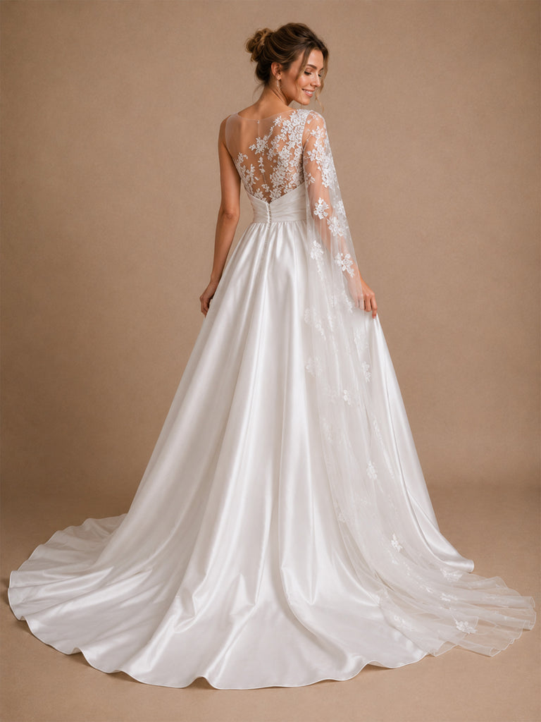ChicSew Elegant Illusion Ruching Satin A-Line Long Wedding Dresses With Lace Appliques