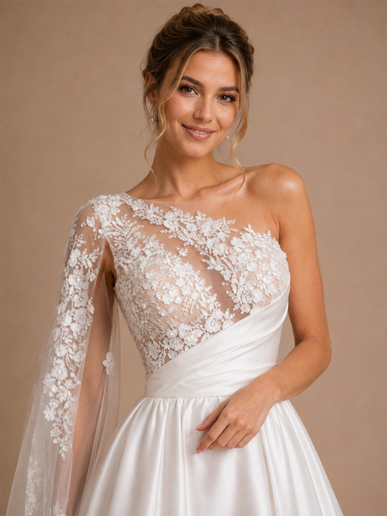 ChicSew Elegant Illusion Ruching Satin A-Line Long Wedding Dresses With Lace Appliques