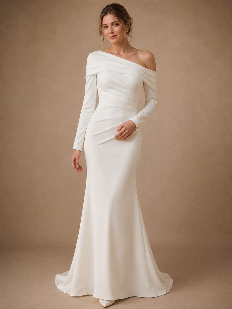 ChicSew Fancy Asymmetric Long Sleeves Ruching Crepe Mermaid Long Wedding Dress