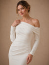 ChicSew Fancy Asymmetric Long Sleeves Ruching Crepe Mermaid Long Wedding Dress