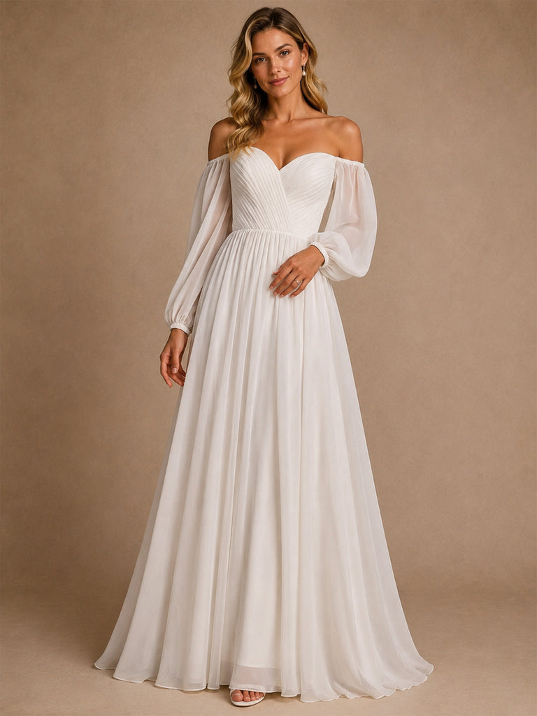 ChicSew Elegant V-Neck 3/4 Sleeves A-Line Pleasts Chiffon Floor-Length Wedding Dress