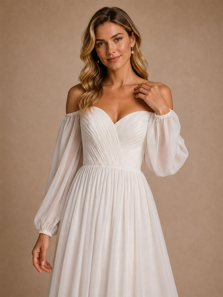 ChicSew Elegant V-Neck 3/4 Sleeves A-Line Pleasts Chiffon Floor-Length Wedding Dress