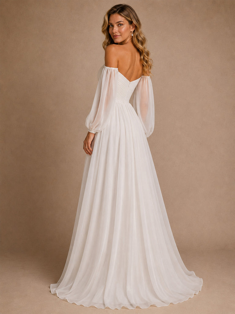 ChicSew Elegant V-Neck 3/4 Sleeves A-Line Pleasts Chiffon Floor-Length Wedding Dress