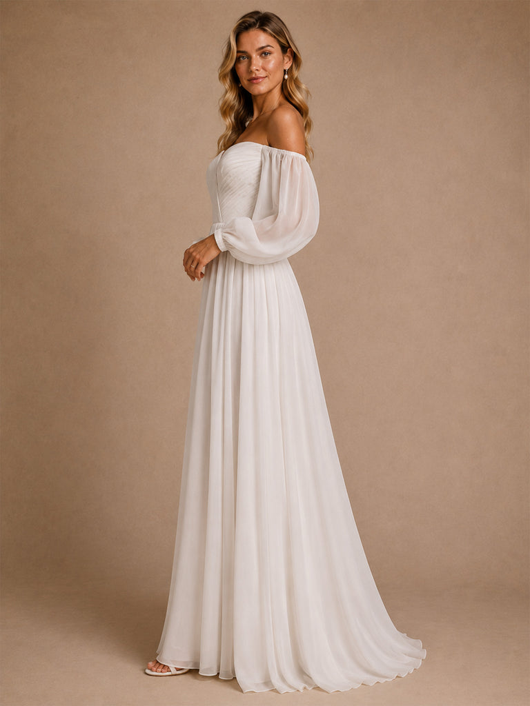 ChicSew Elegant V-Neck 3/4 Sleeves A-Line Pleasts Chiffon Floor-Length Wedding Dress