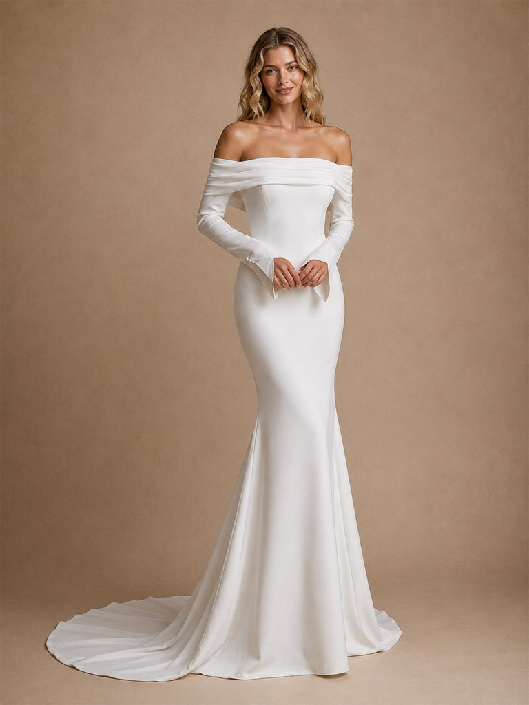 ChicSew Fancy 3/4 Sleeves Off The Shoulder Crepe Mermaid Long Wedding Dress