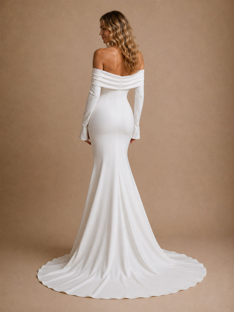 ChicSew Fancy 3/4 Sleeves Off The Shoulder Crepe Mermaid Long Wedding Dress