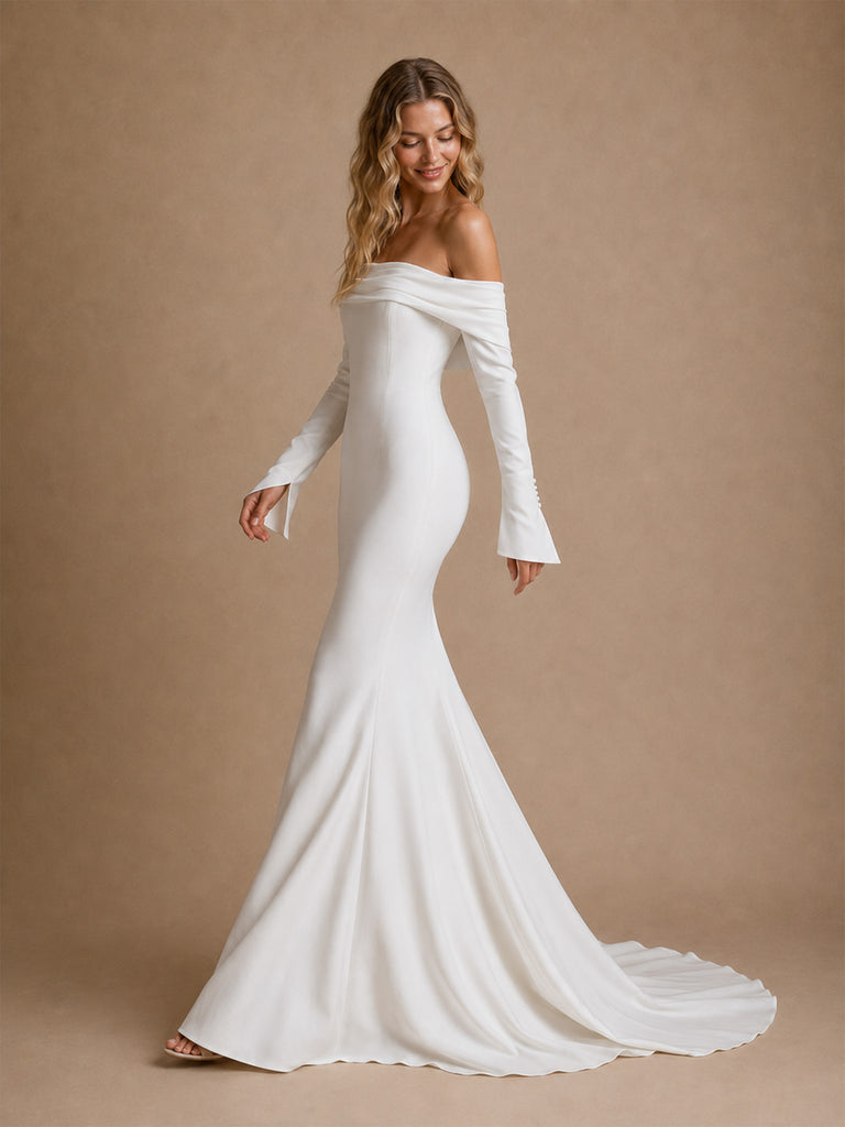 ChicSew Fancy 3/4 Sleeves Off The Shoulder Crepe Mermaid Long Wedding Dress