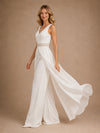 ChicSew Unique V-Neck Sleeveless Crepe Floor-Length Wedding Jumpsuit With Lace Appliques