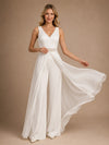 ChicSew Unique V-Neck Sleeveless Crepe Floor-Length Wedding Jumpsuit With Lace Appliques