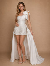 ChicSew Unique One Shoulder Bow Knot Mini Wedding Jumpsuit With Satin Overskirt