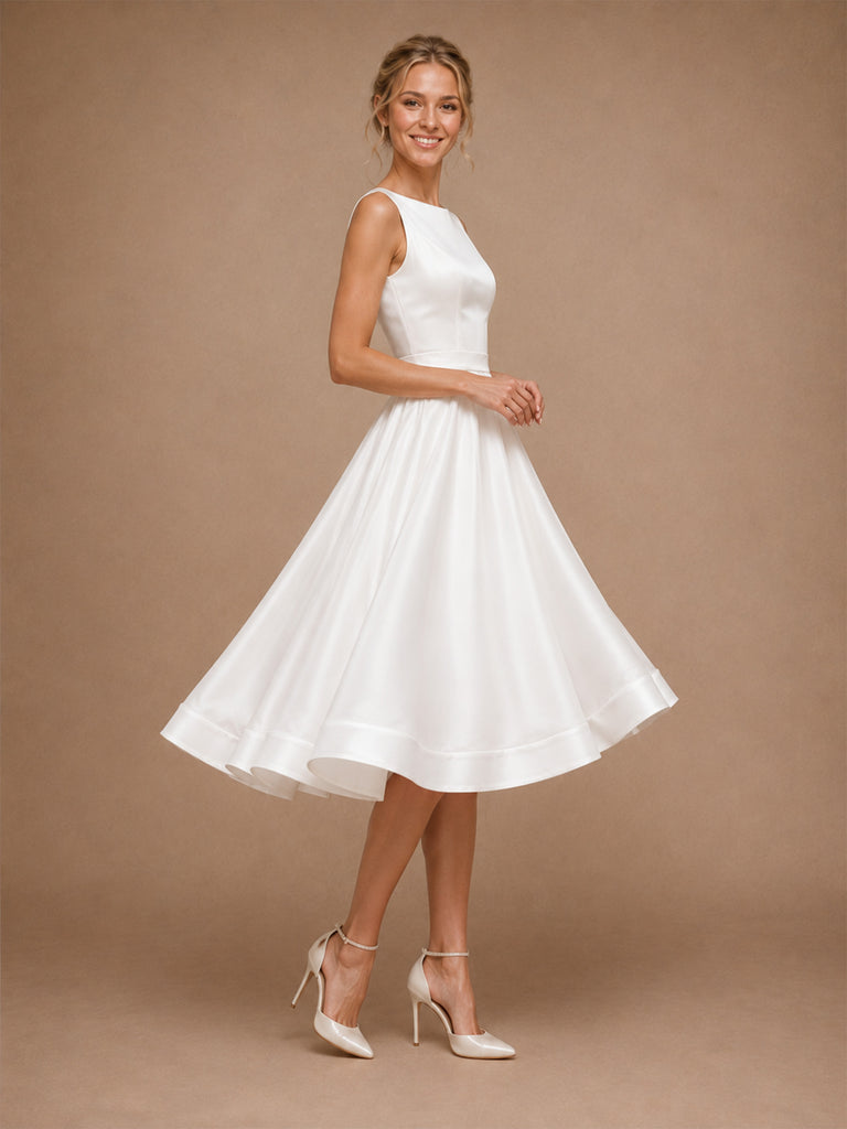 ChicSew Classy Bateau Satin A-Line Sleeveless Knee-Length Wedding Dresses Online