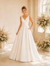 ChicSew Fancy Spaghetti Straps V-Neck Ruching A-Line Satin Long Wedding Dresses
