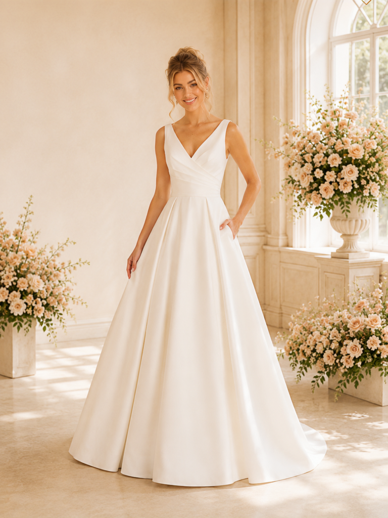 ChicSew Fancy Spaghetti Straps V-Neck Ruching A-Line Satin Long Wedding Dresses