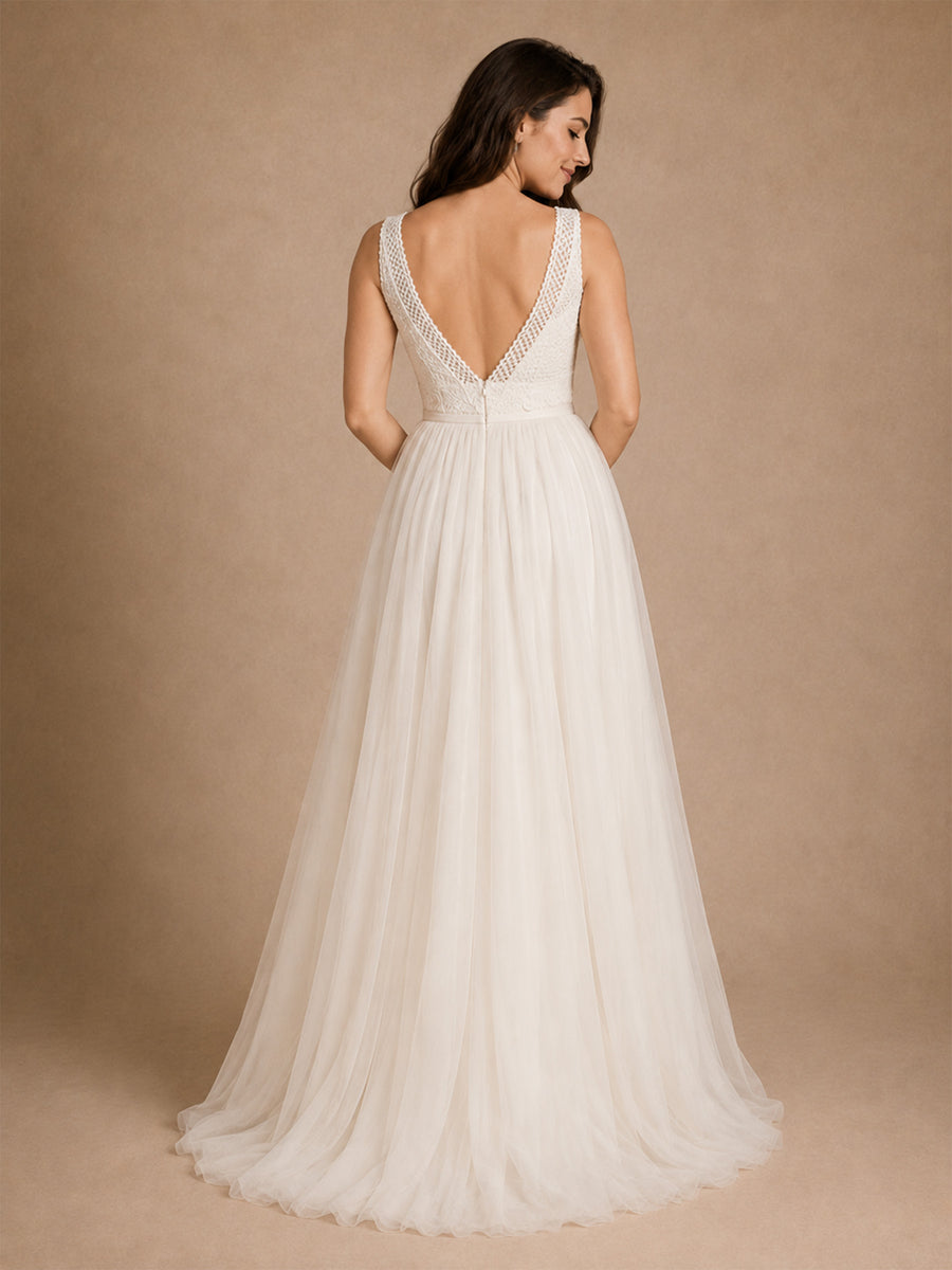 ChicSew Elegant Spaghetti Straps V-Neck A-Line Lace Tulle Long Wedding Dresses