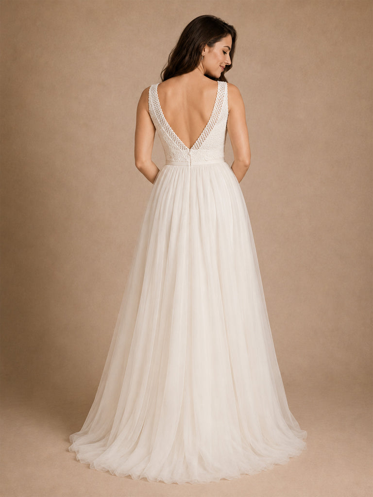 ChicSew Elegant Spaghetti Straps V-Neck A-Line Lace Tulle Long Wedding Dresses