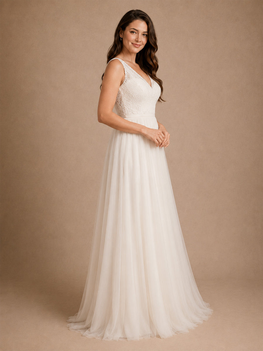 ChicSew Elegant Spaghetti Straps V-Neck A-Line Lace Tulle Long Wedding Dresses