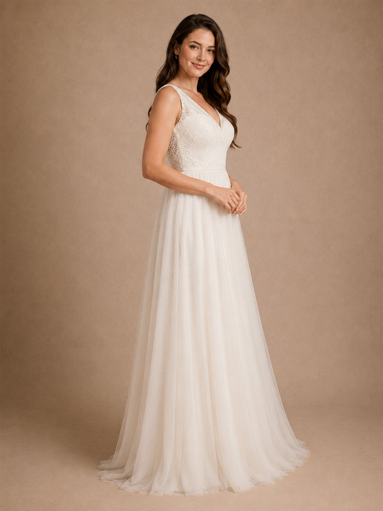 ChicSew Elegant Spaghetti Straps V-Neck A-Line Lace Tulle Long Wedding Dresses