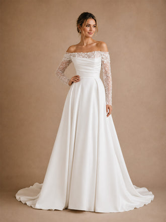 ChicSew Elegant Strapless Beading 3/4 Sleeves Lace Satin A-Line Long Wedding Dresses