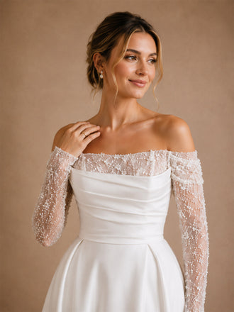 ChicSew Elegant Strapless Beading 3/4 Sleeves Lace Satin A-Line Long Wedding Dresses