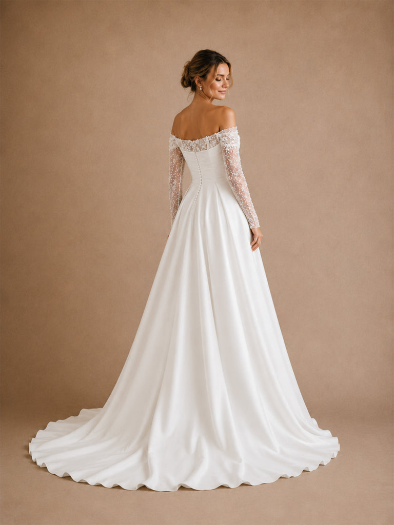 ChicSew Elegant Strapless Beading 3/4 Sleeves Lace Satin A-Line Long Wedding Dresses