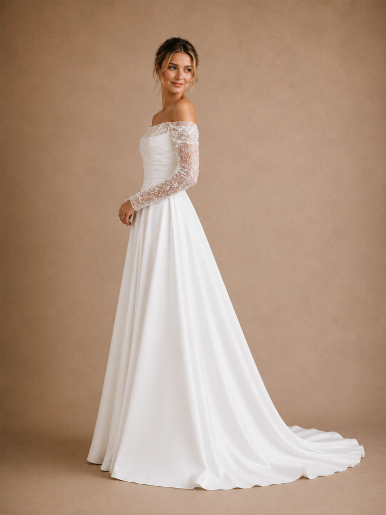 ChicSew Elegant Strapless Beading 3/4 Sleeves Lace Satin A-Line Long Wedding Dresses