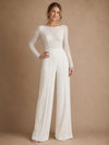ChicSew Unique Bateau Long Sleeves Sequin Crepe Floor-Length Wedding Jumpsuit