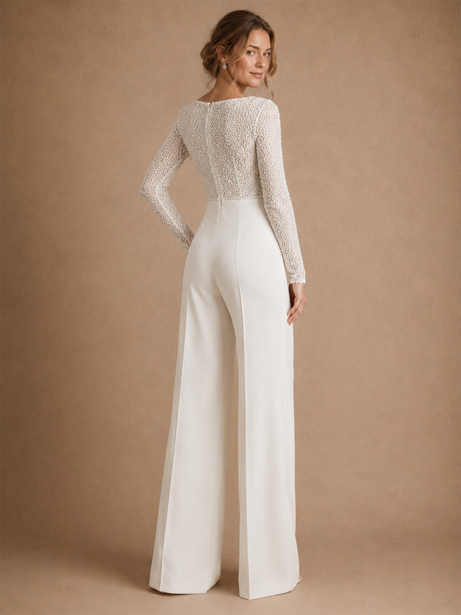 ChicSew Unique Bateau Long Sleeves Sequin Crepe Floor-Length Wedding Jumpsuit