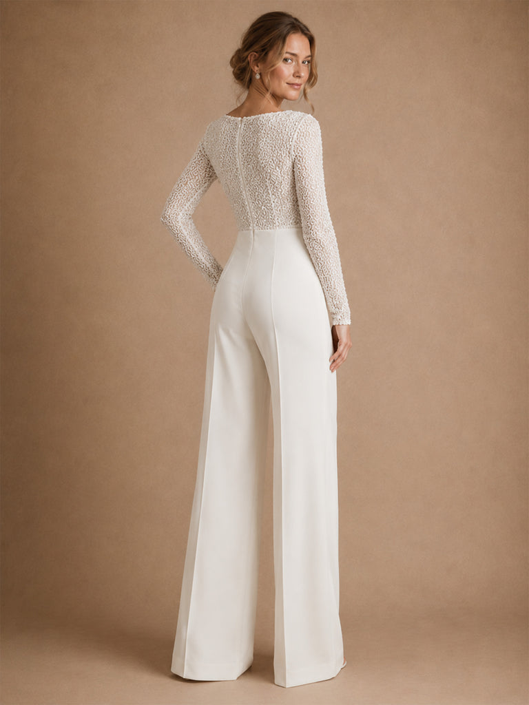 ChicSew Unique Bateau Long Sleeves Sequin Crepe Floor-Length Wedding Jumpsuit