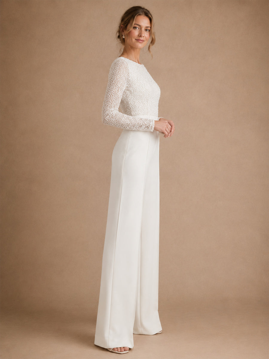 ChicSew Unique Bateau Long Sleeves Sequin Crepe Floor-Length Wedding Jumpsuit