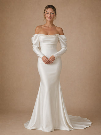 ChicSew Elegant Strapless 3/4 Sleeves Satin Mermaid Long Wedding Dresses With Beading
