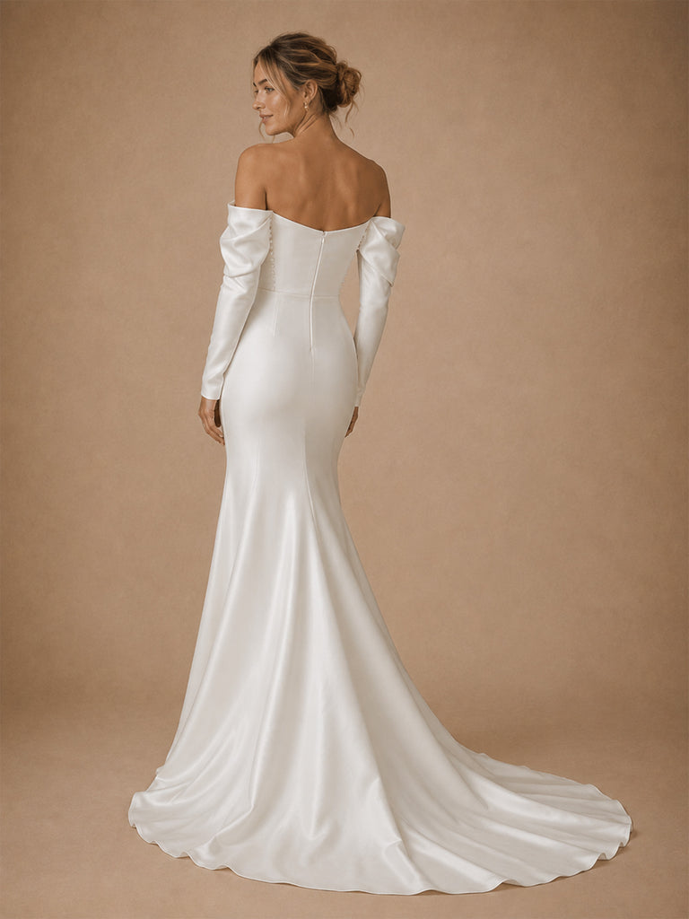 ChicSew Elegant Strapless 3/4 Sleeves Satin Mermaid Long Wedding Dresses With Beading