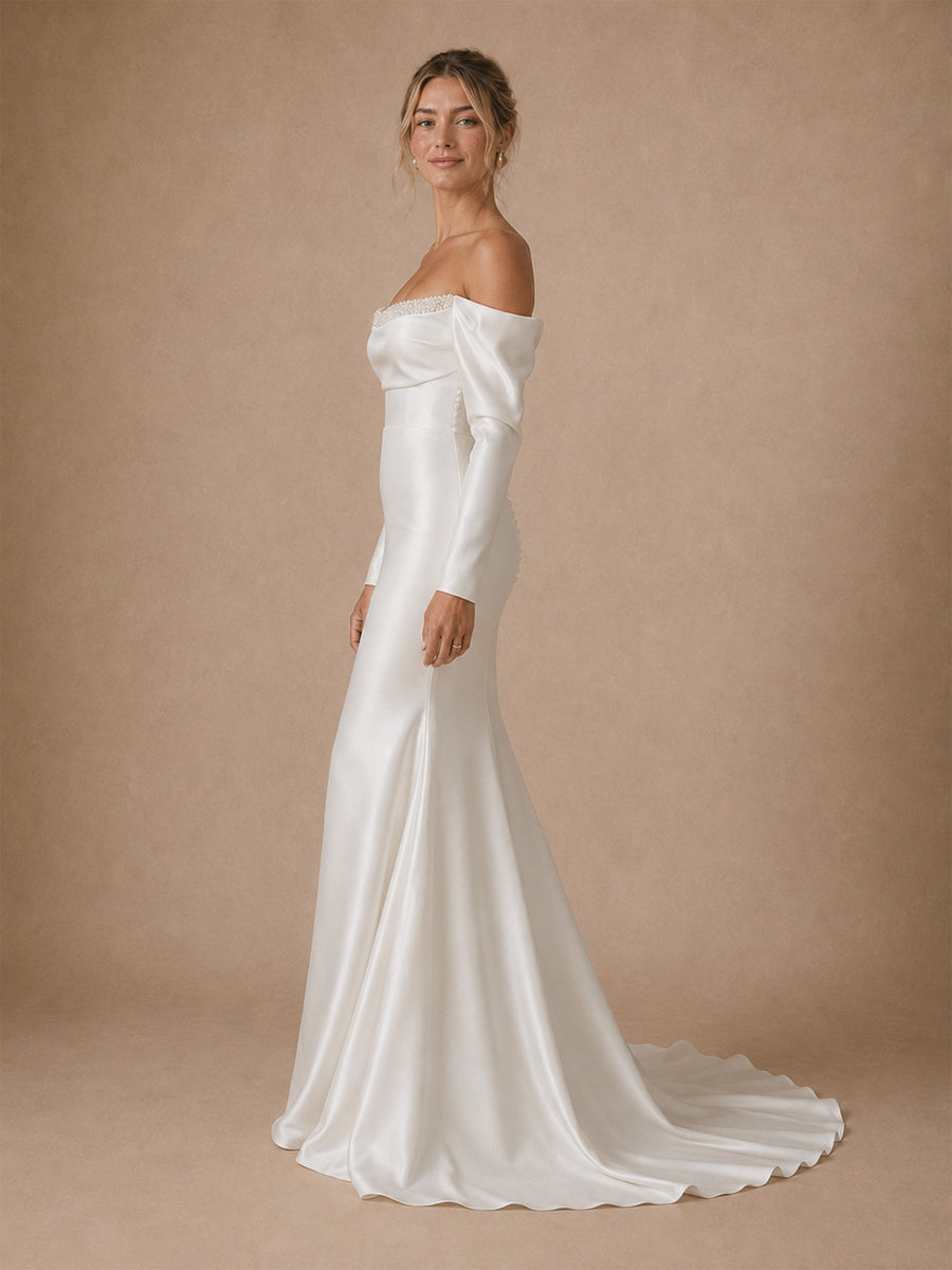 ChicSew Elegant Strapless 3/4 Sleeves Satin Mermaid Long Wedding Dresses With Beading