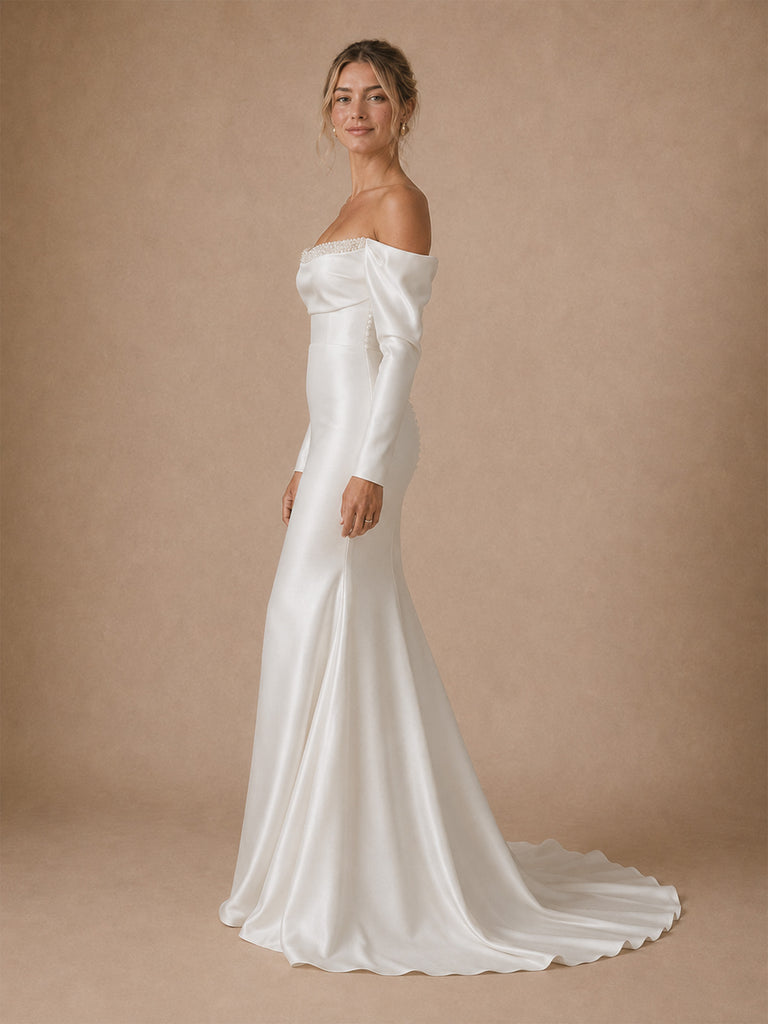 ChicSew Elegant Strapless 3/4 Sleeves Satin Mermaid Long Wedding Dresses With Beading