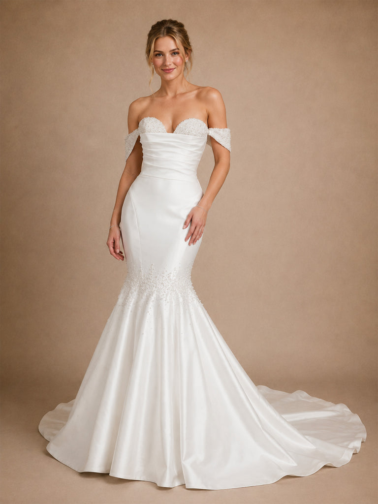ChicSew Unique Off Shoulder Beading Ruching Satin Mermaid Wedding Dresses