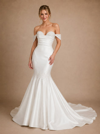 ChicSew Unique Off Shoulder Beading Ruching Satin Mermaid Wedding Dresses