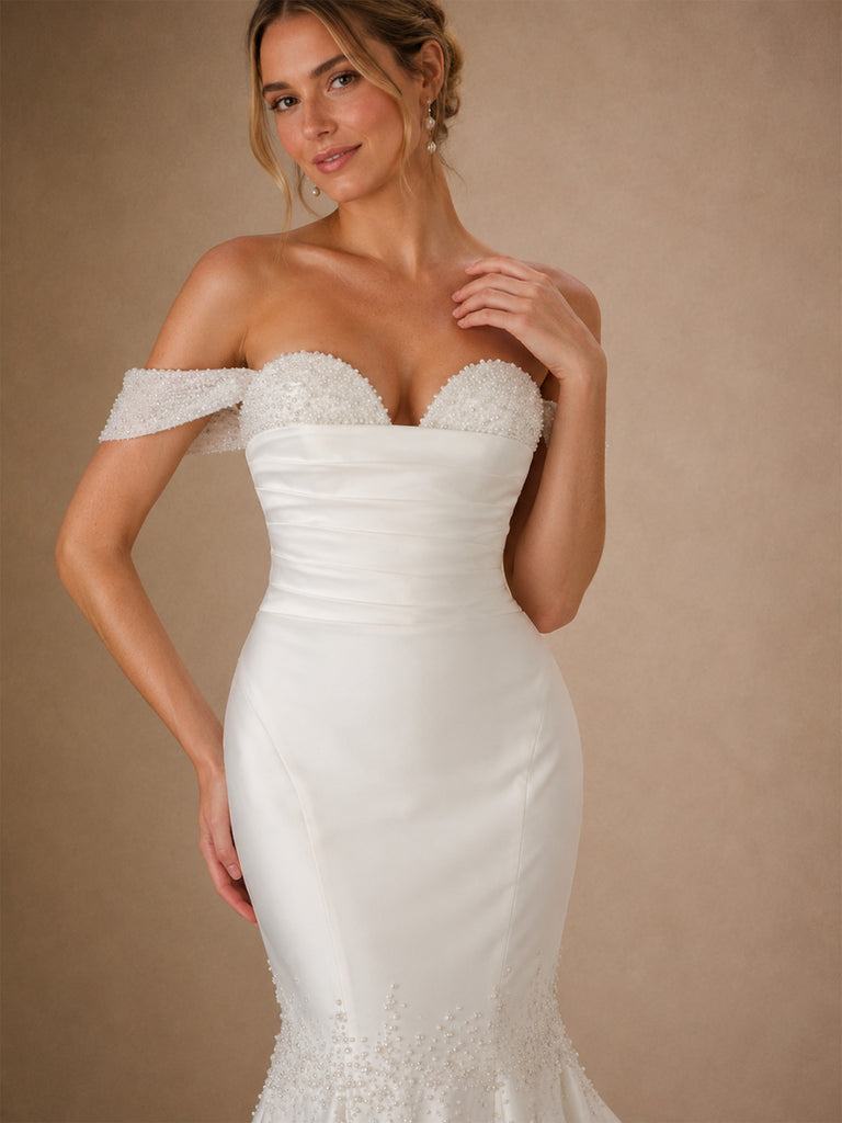 ChicSew Unique Off Shoulder Beading Ruching Satin Mermaid Wedding Dresses