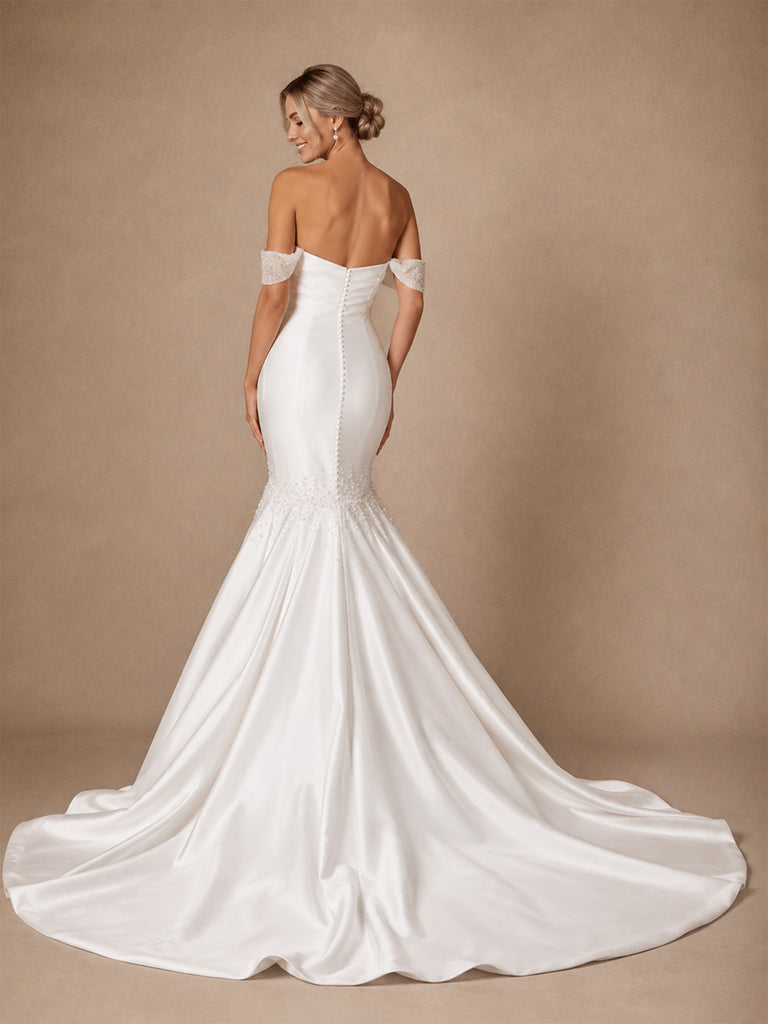 ChicSew Unique Off Shoulder Beading Ruching Satin Mermaid Wedding Dresses