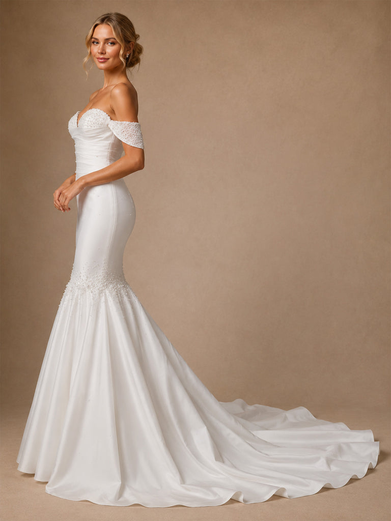 ChicSew Unique Off Shoulder Beading Ruching Satin Mermaid Wedding Dresses