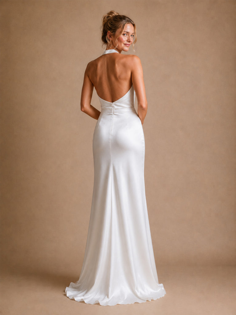 ChicSew Elegant Halter Straps Sleeveless Satin Mermaid Long Wedding Dresses