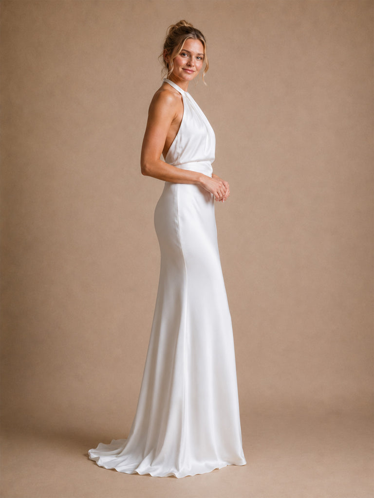 ChicSew Elegant Halter Straps Sleeveless Satin Mermaid Long Wedding Dresses