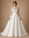 ChicSew Elegant High Neck Long Sleeves Lace Satin A-Line Long Wedding Dresses