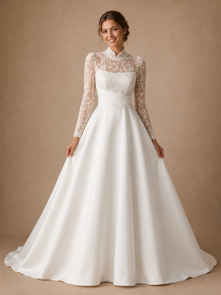 ChicSew Elegant High Neck Long Sleeves Lace Satin A-Line Long Wedding Dresses