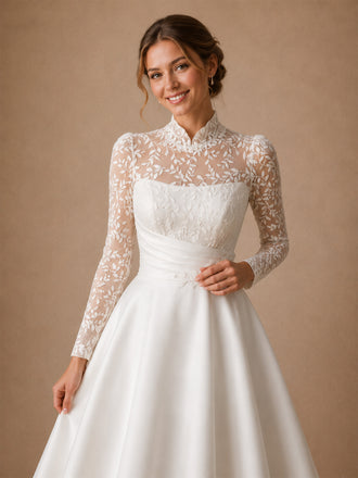 ChicSew Elegant High Neck Long Sleeves Lace Satin A-Line Long Wedding Dresses
