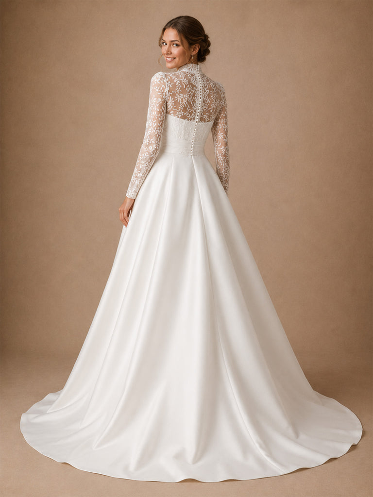 ChicSew Elegant High Neck Long Sleeves Lace Satin A-Line Long Wedding Dresses